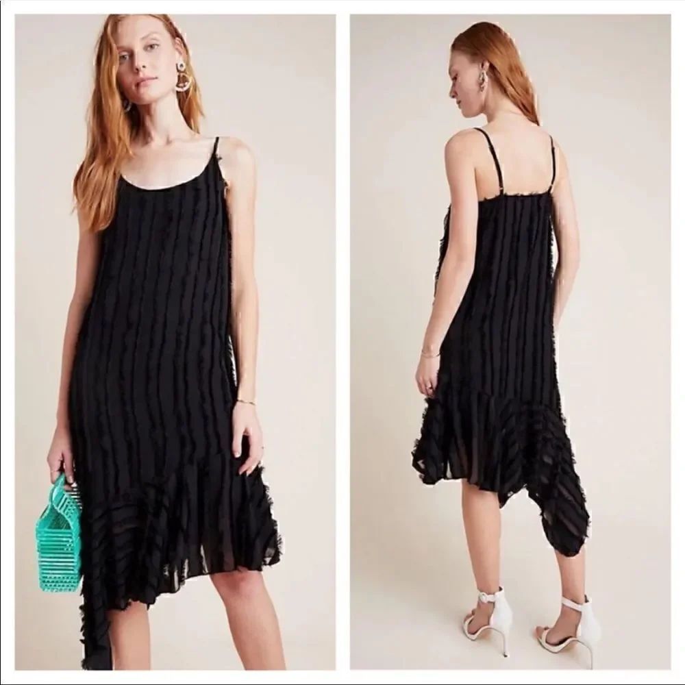 NWT Anthropologie Eri +Ali Black Fringed Asymmetrical Slip Midi Dress size S